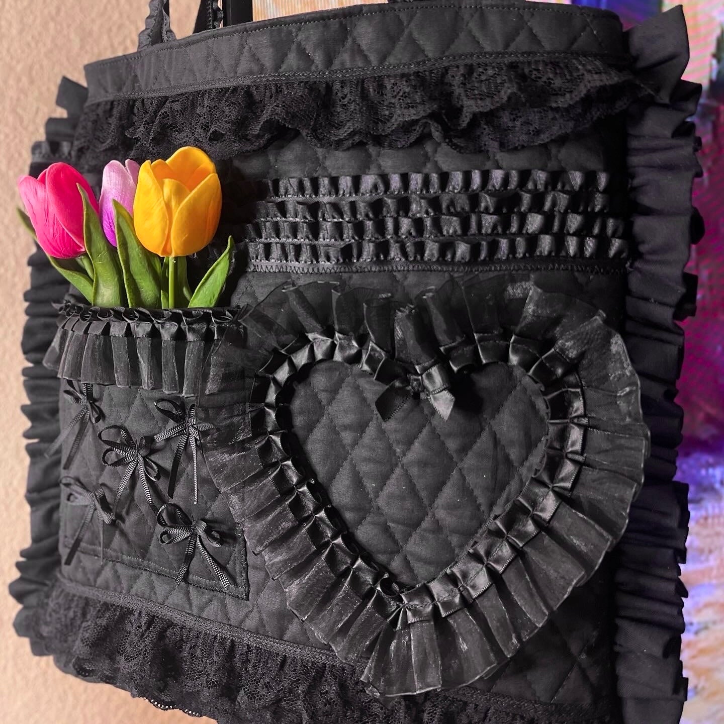 Black Ruffle Tote Bag