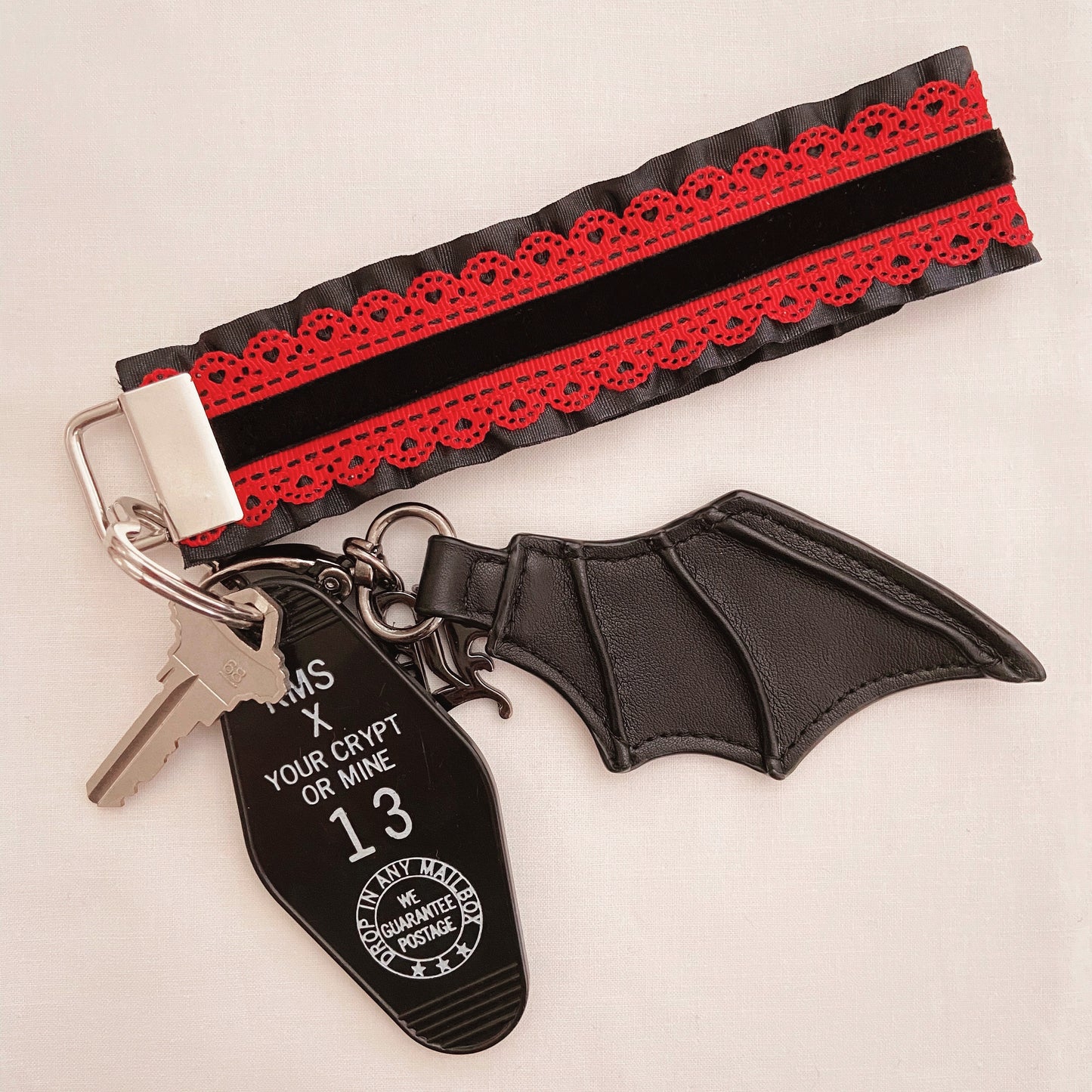 Black and Red Heart Lace Ruffle Lanyard / Key Chain