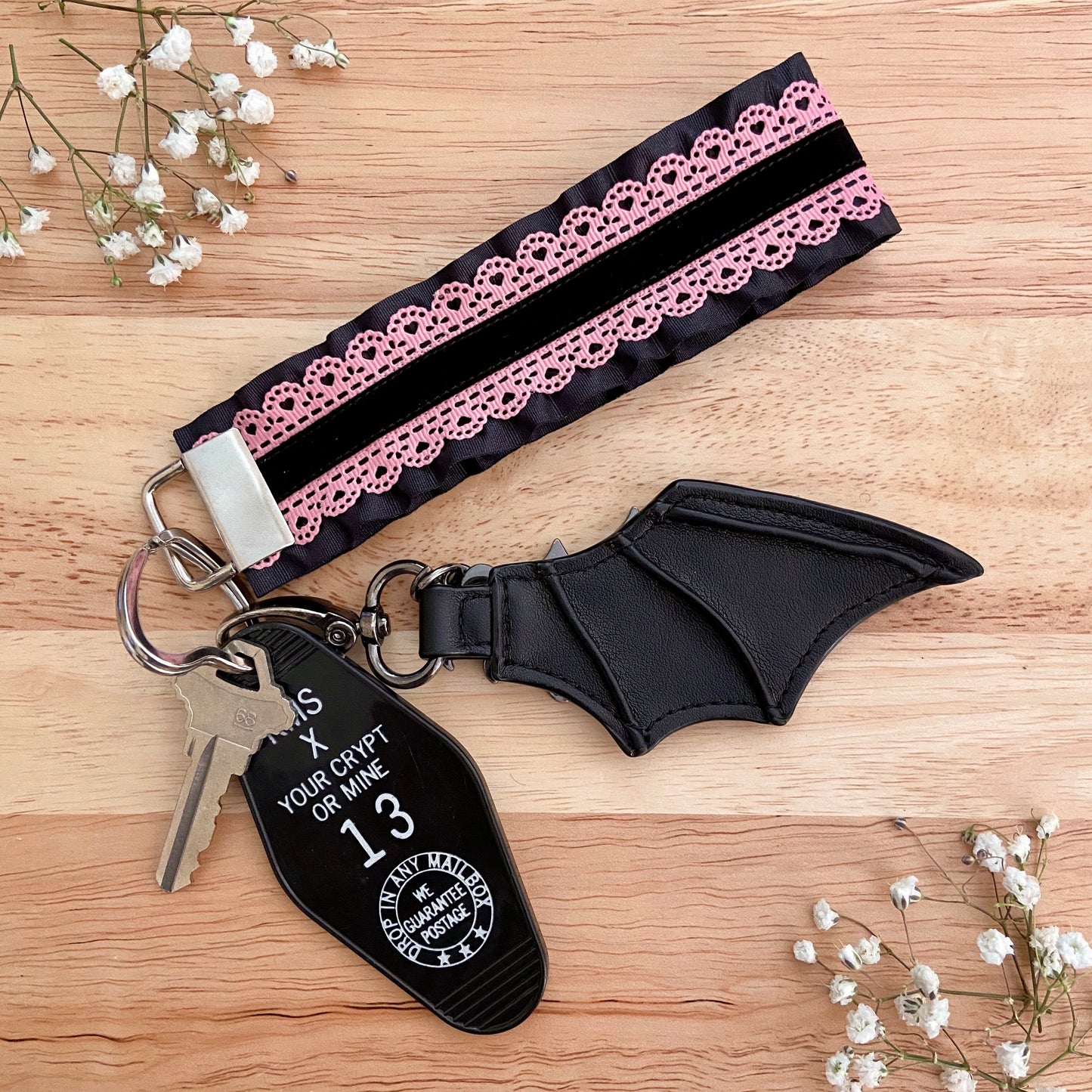 Pink and Black Heart Velvet Ruffle Key Chain