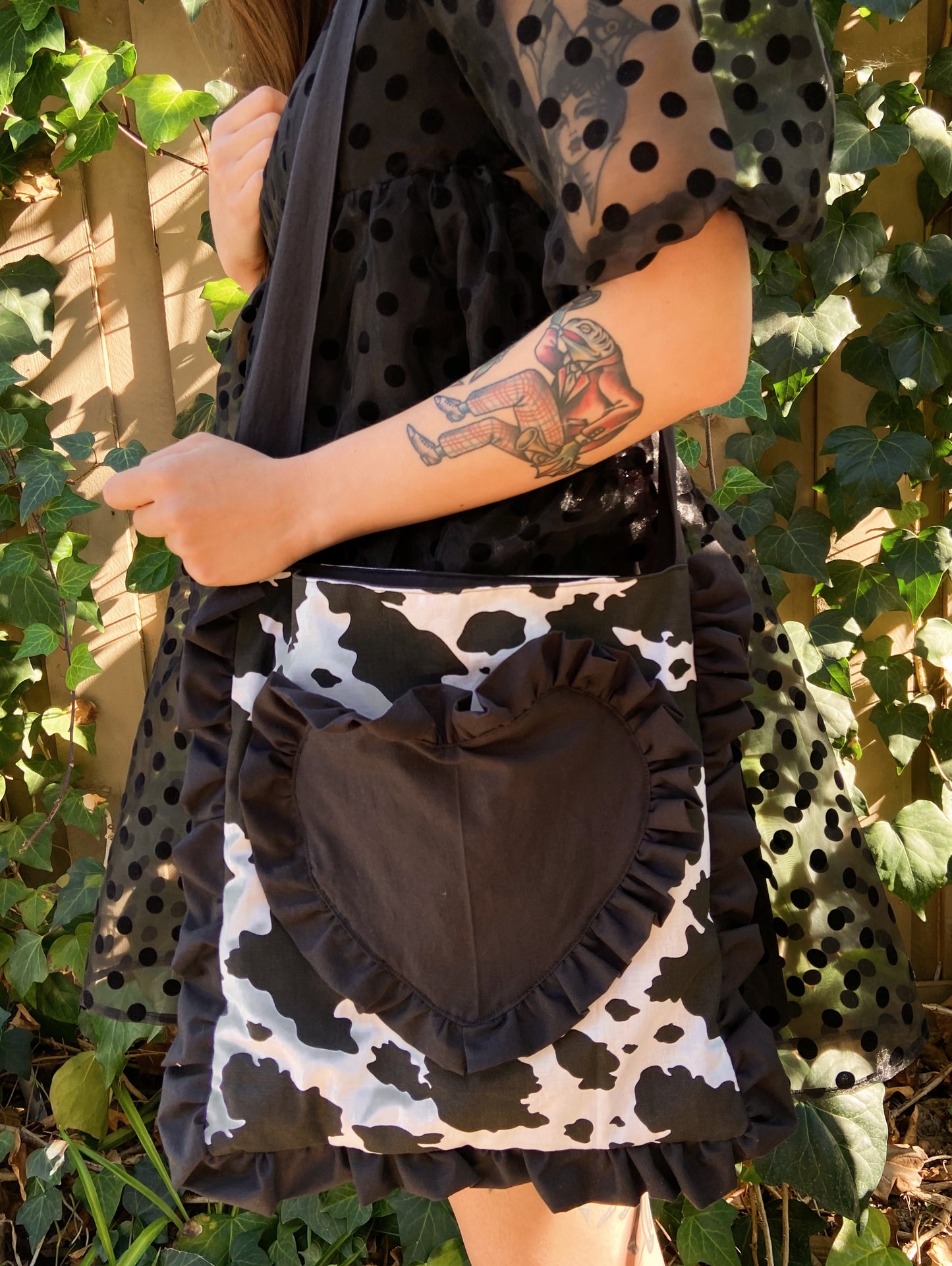 Cow Print Heart Ruffle Tote Bag