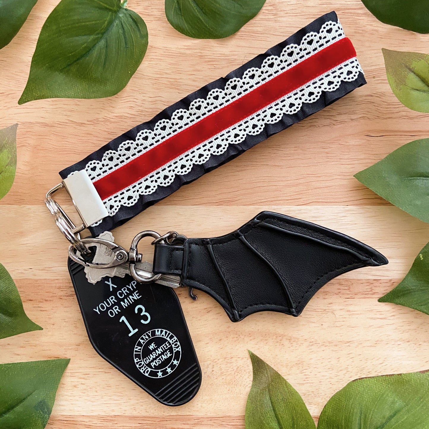 Red Velvet and Cream Heart Lace Ruffle Lanyard / Key Chain