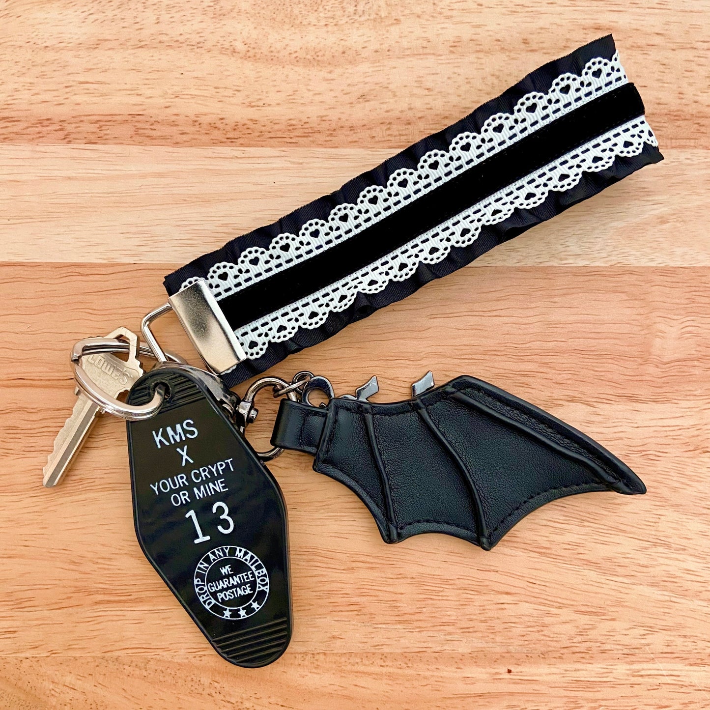 Black and White Heart Lace Ruffle Lanyard / Key Chain