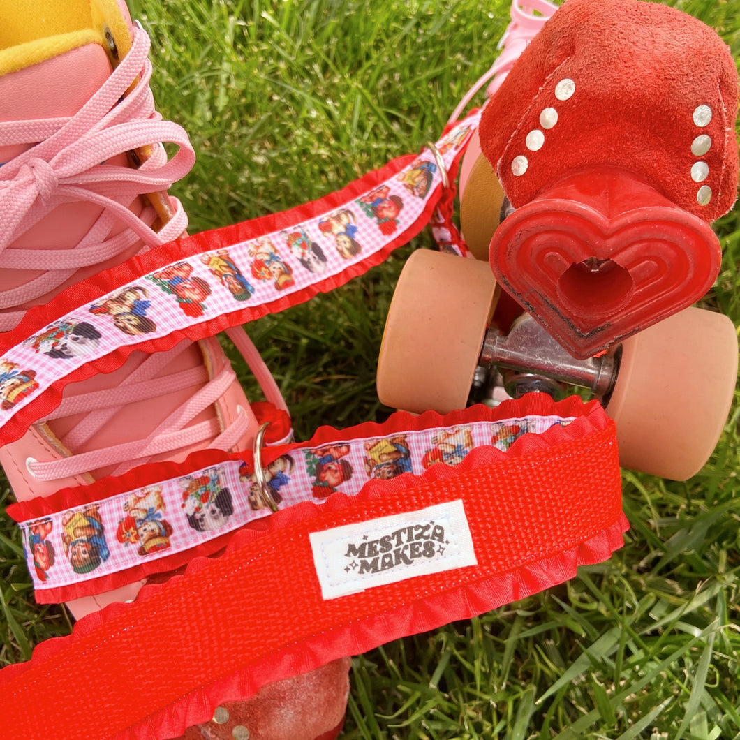 Red Ruffle Vintage Kitschy Pups Roller Skate Leash