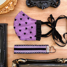 Load image into Gallery viewer, Black and Lavender Heart Velvet Ruffle Lanyard / Keychain
